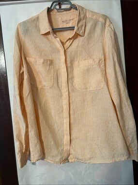Essential Collection 100% Linen Shirt Striped Button Up Yellow White, large